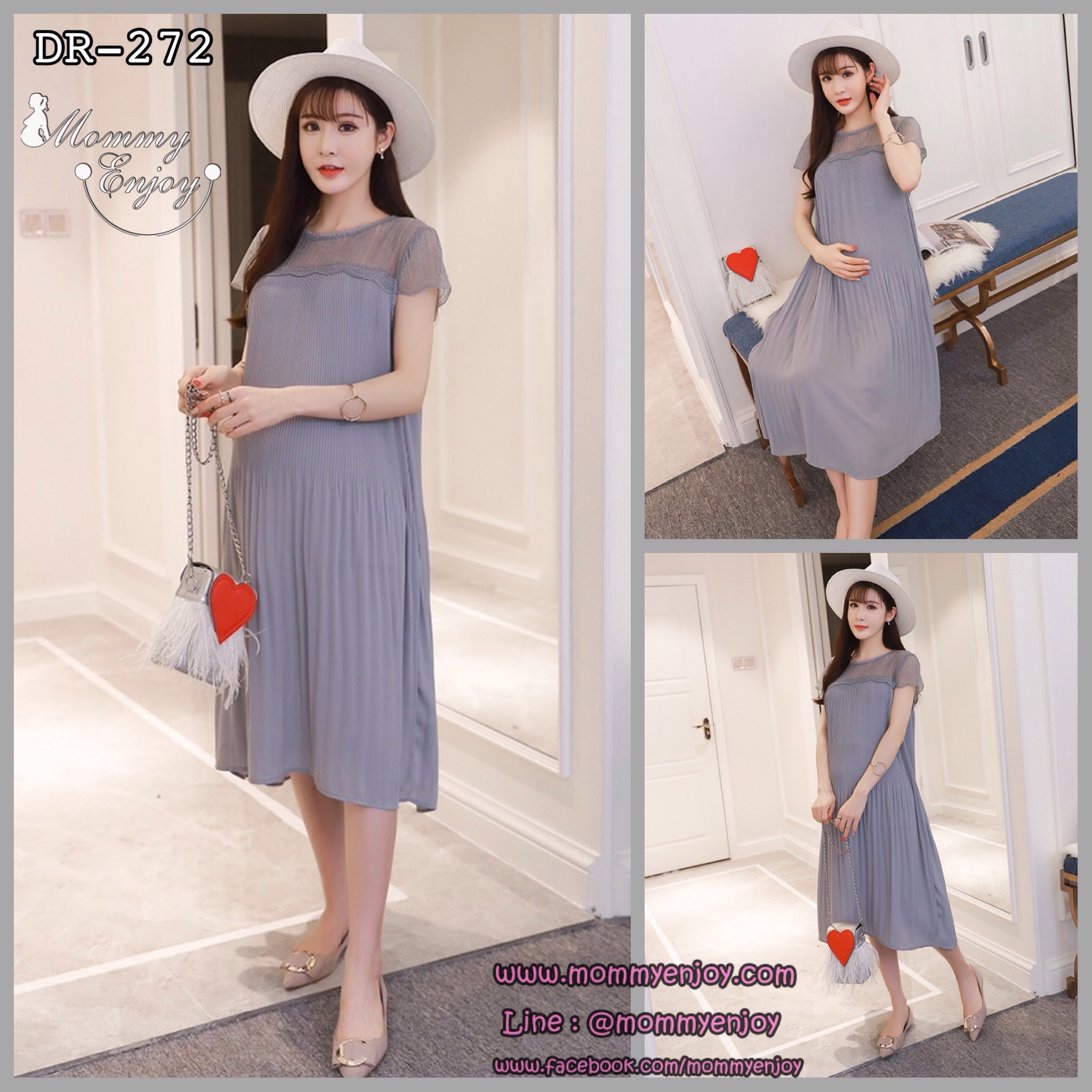 เดรสคลุมท้องแนวเกาหลี อัดพรีท สีเทาหมอก ด้านบนซีทรู น่ารักฝุดๆ M,L,XL,XXL