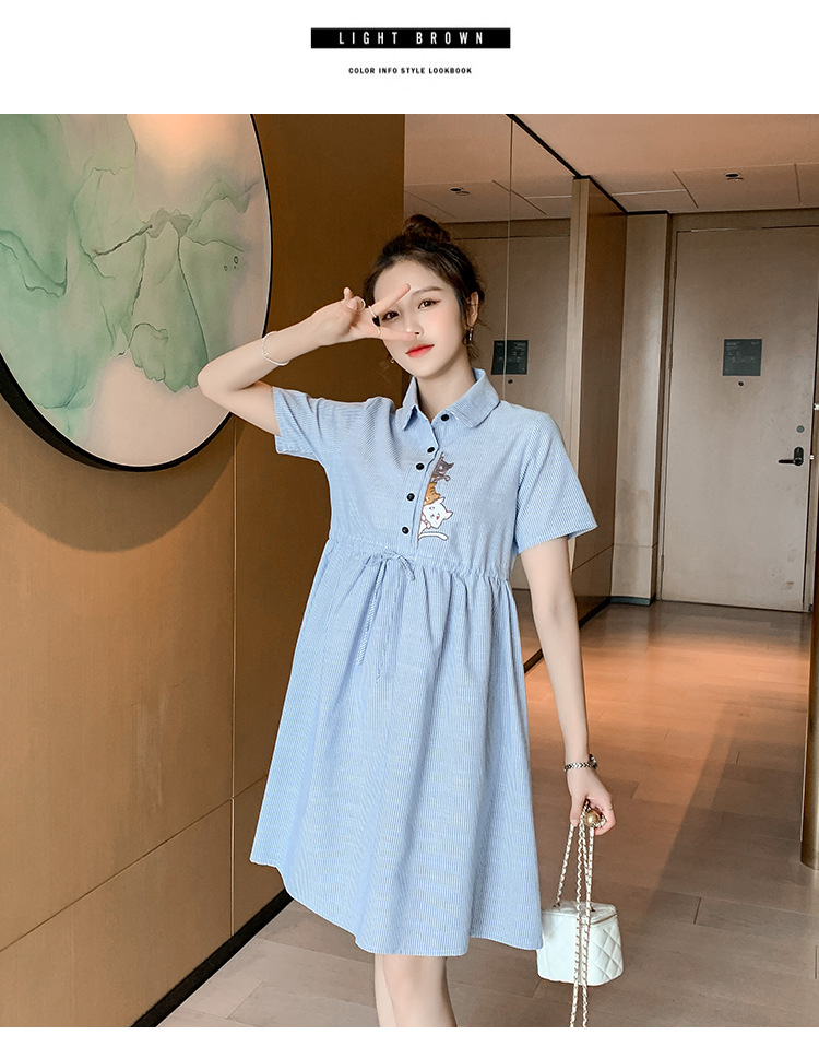 เดรสคลุมท้องแฟชั่นคอปกแขนสั้น ผ้าฝ้ายเหมียวน้อยน่ารัก ผ้าลายสวย มีเชือกปรับขนาดครรภ์ได้ กระดุมเปิดให้นมก็ได้ M L XL XXL