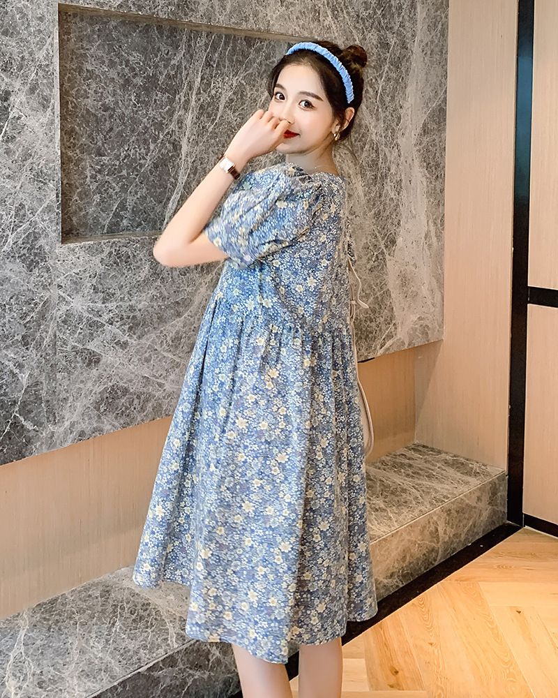 เดรสคลุมท้องแฟชั่นเกาหลี ผ้าฝ้าย ลายดอกวินเทจน่ารัก แขนตุ๊กตา ช่วงท้องระบาย ใส่ได้ถึงคลอด M L XL XXL