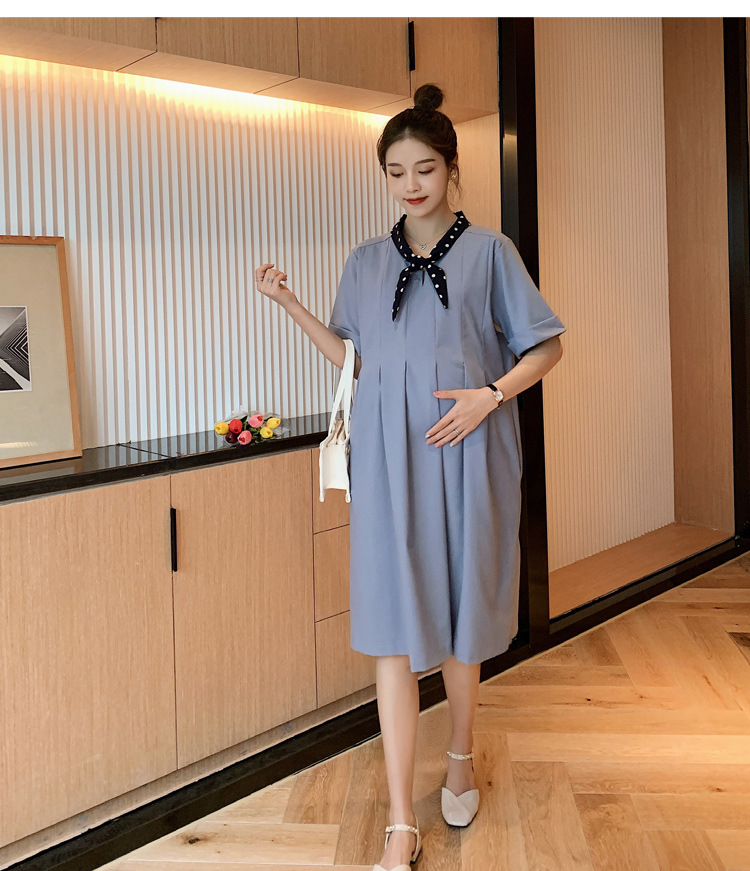 เดรสคลุมท้องแฟชั่นเกาหลี ผ้าฝ้าย ช่วงท้องระบายได้เยอะ ใส่ได้ถึงคลอด ผูกโบว์ที่คอ สวยน่ารักสุภาพ M L XL XXL