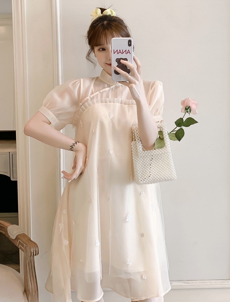 เดรสคลุมท้องแฟชั่นเกาหลี คอจีน ช่วงบนซีทรูแต่งระบาย แขนตุ๊กตา มีซับใน น่ารักเกินร้อย M L XL XXL