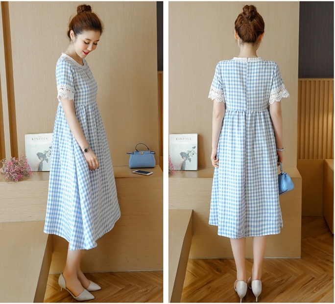 เดรสคลุมท้องแฟชั่นแขนสั้น แขนลูกไม้ ด้านหลังเป็นซิบ รอบท้องใหญ่ทรงระบาย ใส่ถึงคลอด M L XL XXL