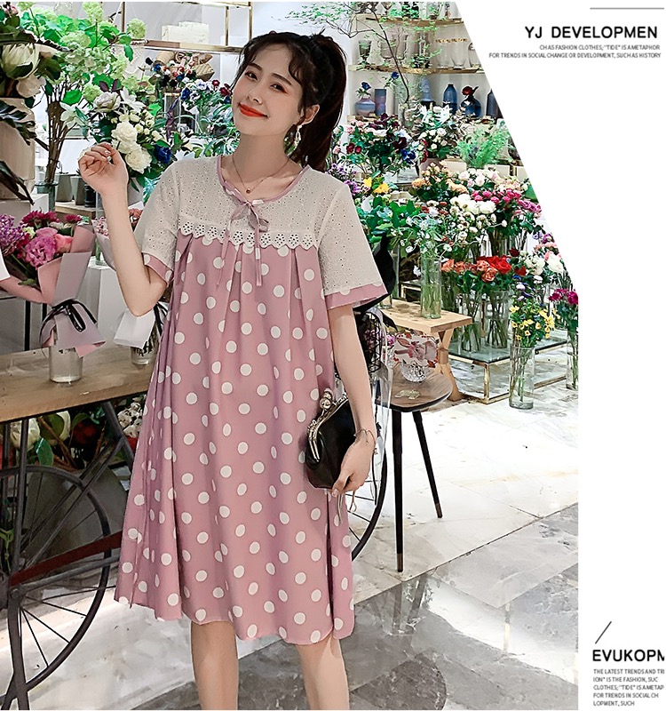 เดรสคลุมท้องแฟชั่น ช่วงบนประดับลูกไม้ ผ้าพิมพ์ลายจุด รอบท้องขยายได้เยอะ M L XL XXL