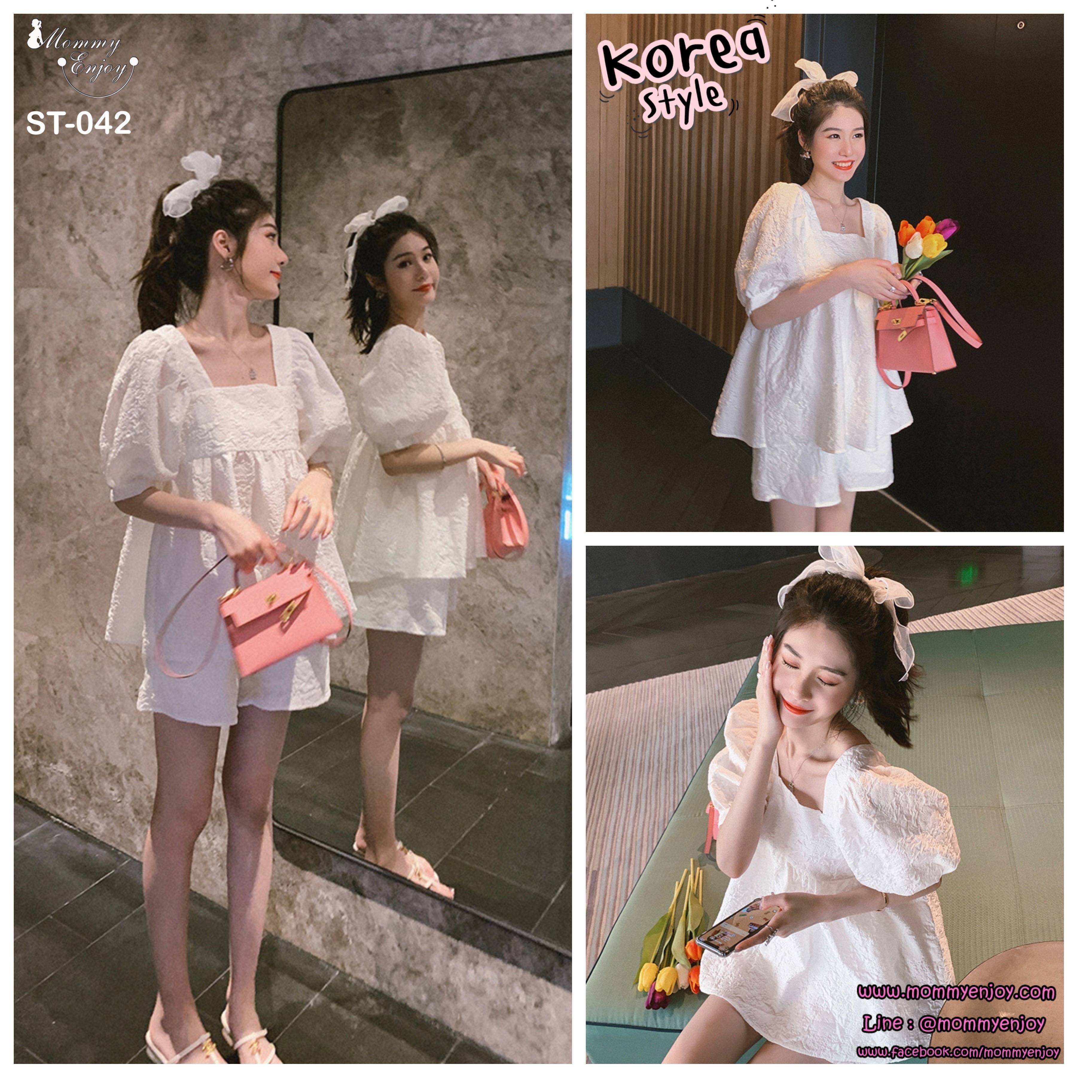 ชุดเสื้อคลุมท้อง+กางเกงขาสั้น สไตล์เกาหลี แขนตุ๊กตา ผ้าย่นนูน น่ารักมากๆ กางเกงปรับไซส์ได้ มีกระเป๋าข้าง M,L,XL,XXL