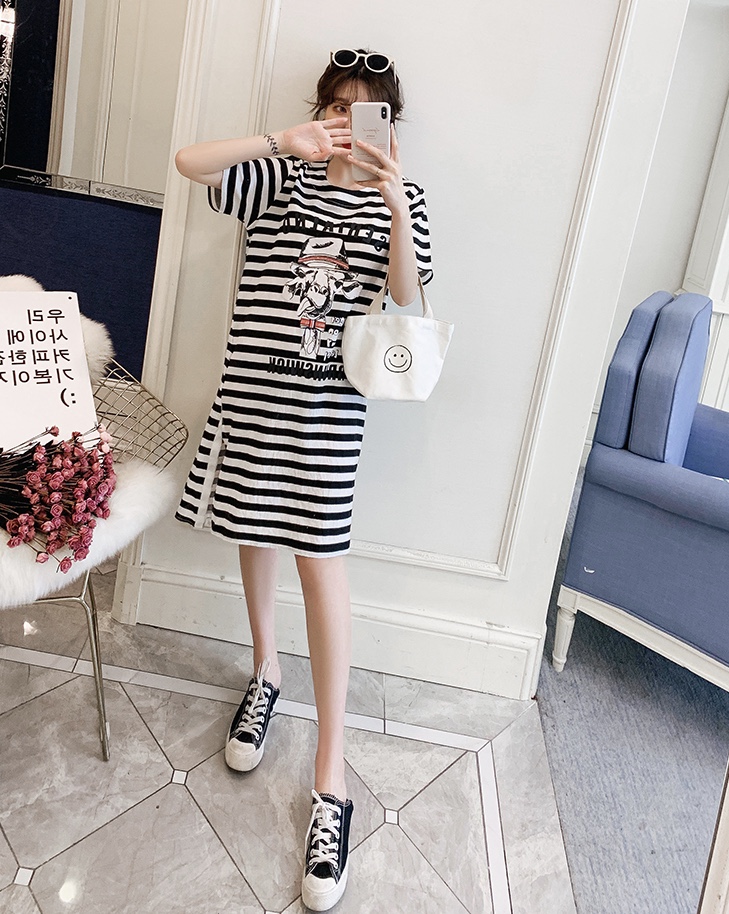 ชุดคลุมท้องแฟชั่นแขนสั้น ลายทาง สไตล์วินเทจ ผ่าข้าง น่ารัก ชิคๆ M L XL XXL