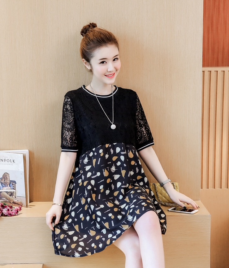 ชุดคลุมท้องแฟชั่น ด้านบนลูกไม้ ด้านล่างพิมพ์ลายผลไม้ ทรงระบายใส่สบายน่ารักมากมาย M,L,XL,XXL