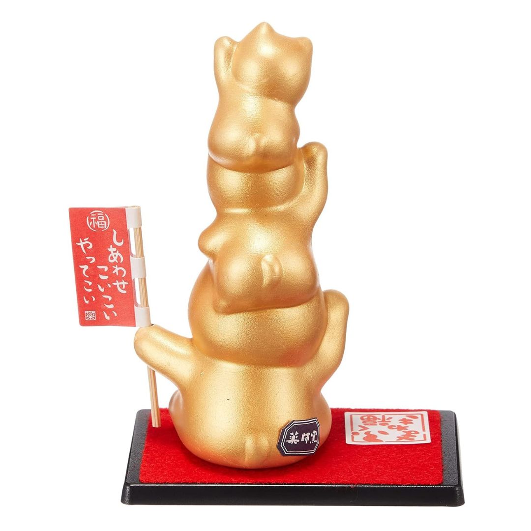 [PRE-ORDER] แมวกวักญี่ปุ่น แมวกวักสีทอง 3 ตัว ขี่คอกัน แมวกวักนำโชค Lucky Cat ManekiNeko Size 10 cm งานแฮนด์เมด นำเข้าจากญี่ปุ่น Beckoning Cat Handmade