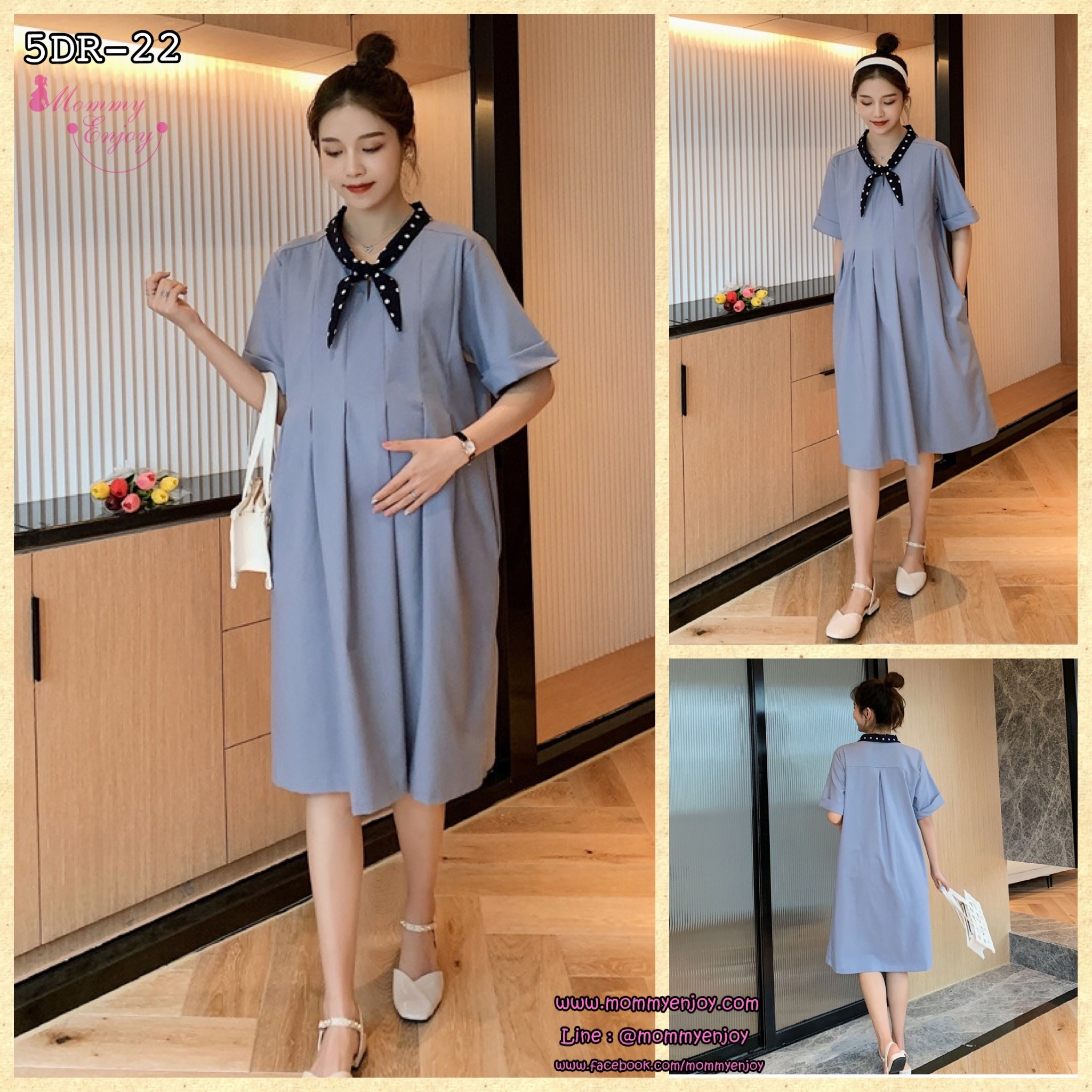 เดรสคลุมท้องแฟชั่นเกาหลี ผ้าฝ้าย ช่วงท้องระบายได้เยอะ ใส่ได้ถึงคลอด ผูกโบว์ที่คอ สวยน่ารักสุภาพ M L XL XXL