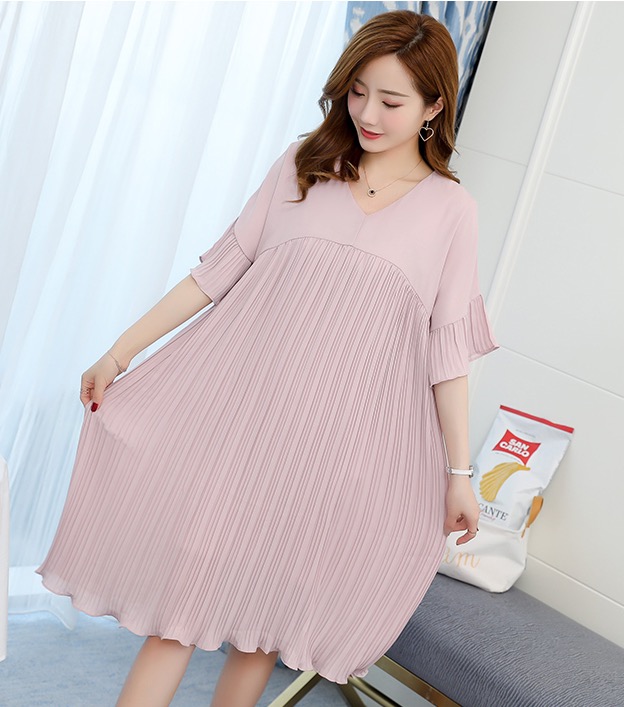 ชุดคลุมท้องแฟชั่นแขนสั้น ระบาย อัดพรีทสวย มีซับในทั้งชุด M L XL XXL 3XL