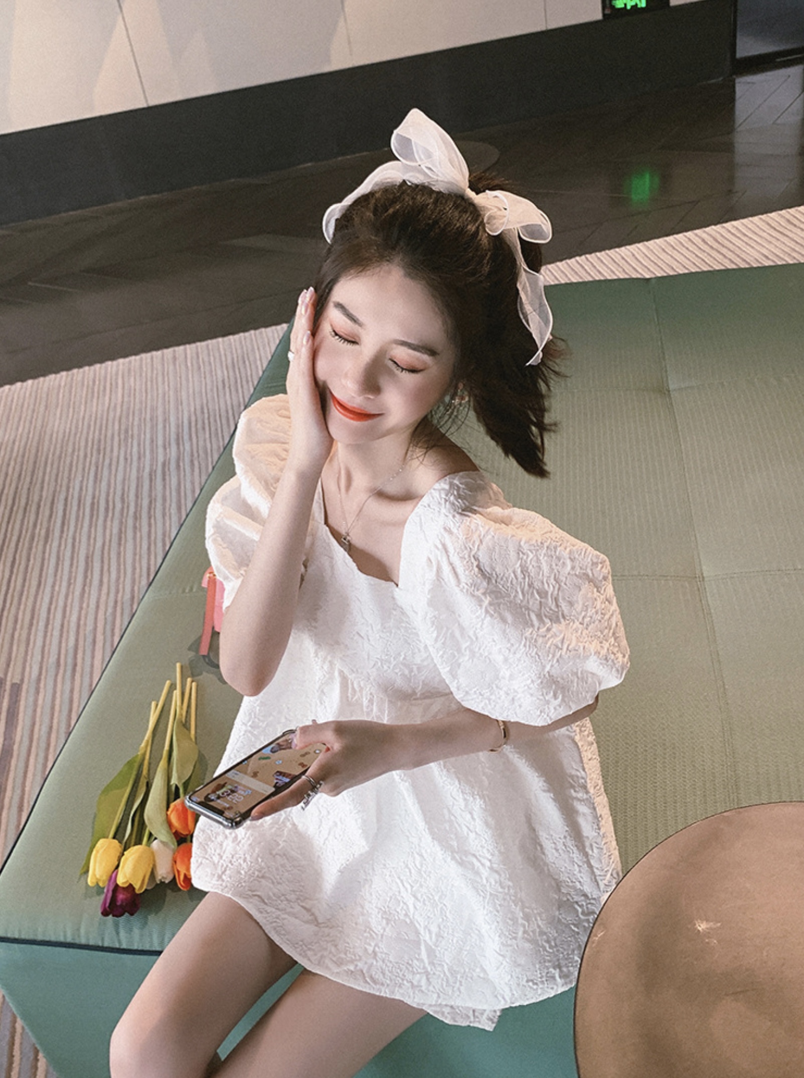 ชุดเสื้อคลุมท้อง+กางเกงขาสั้น สไตล์เกาหลี แขนตุ๊กตา ผ้าย่นนูน น่ารักมากๆ กางเกงปรับไซส์ได้ มีกระเป๋าข้าง M,L,XL,XXL