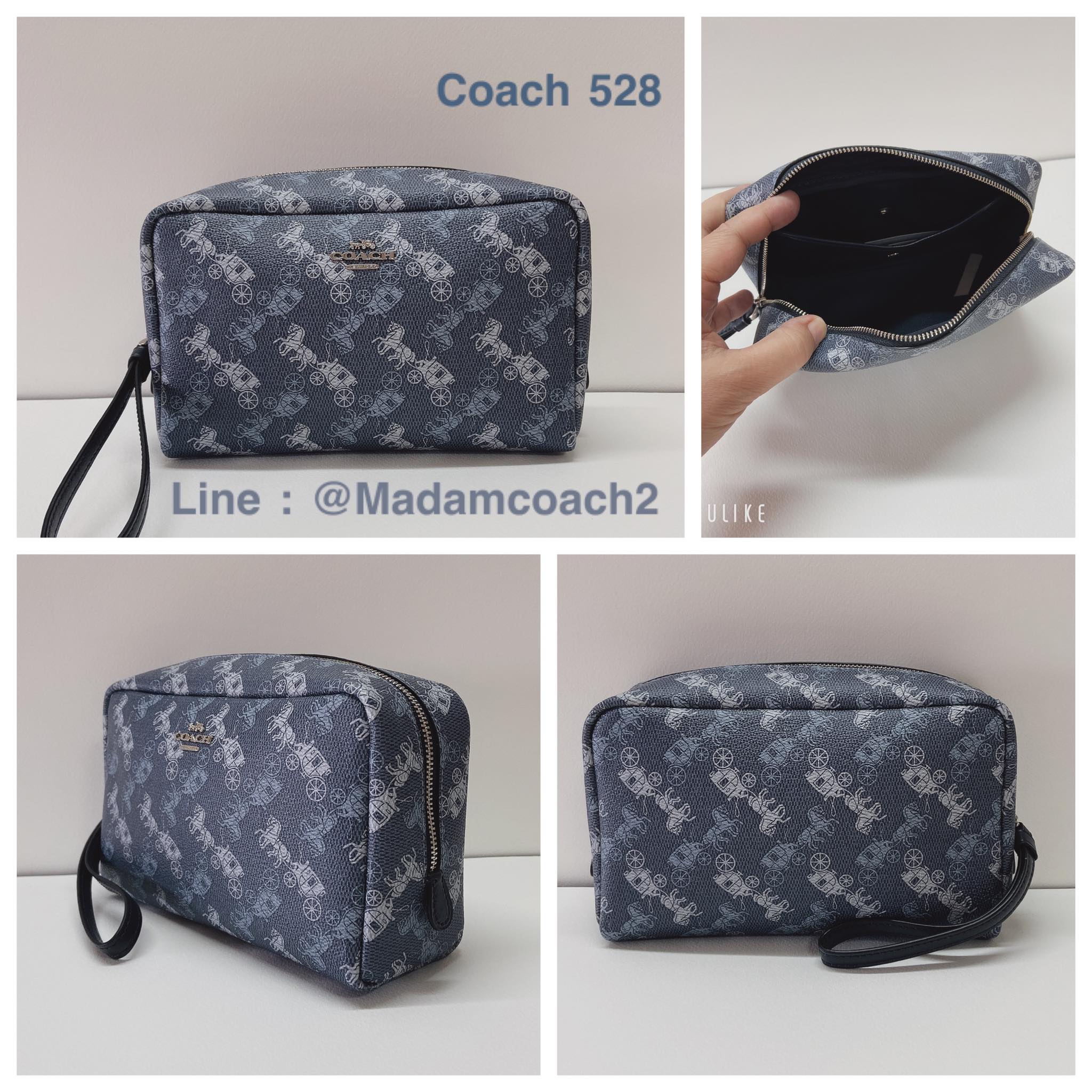 กระเป๋าเครื่องสำอางค์Coach 528 Boxy Cosmetic Case With Horse And Carriage Print Indigo Pale Bleu Multi ของแท้