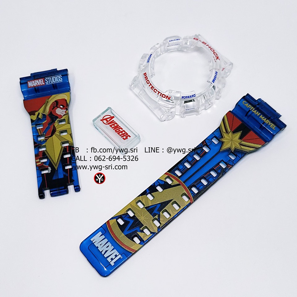 กรอบสาย G-SHOCK ใสไม่แท้ สายน้ำเงิน สกรีนลาย Captain Marvel ใส่ได้รับรุ่น GA-100 ,GA-110 ,GA-120 ,GD-100 ,GD-120