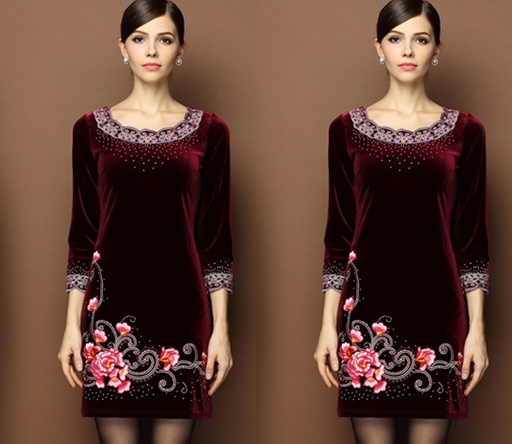 ชุดเดรสแฟชั่นพร้อมส่ง : เดรสสีไวน์แดง ปักเลื่อมและลายดอกไม้สีสัน สวย สวยจ้า