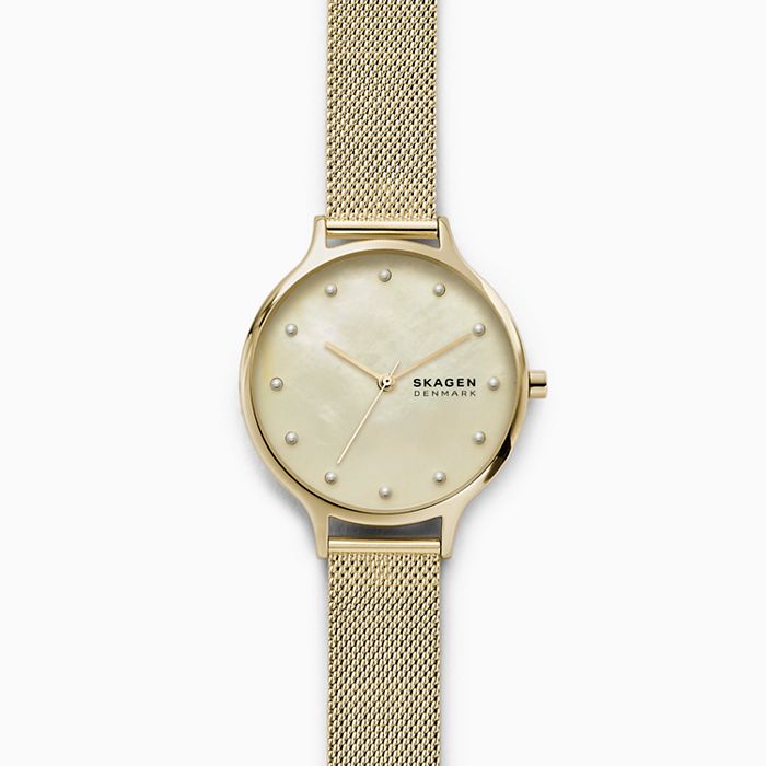 Skagen SKW2774 นาฬิกาผู้หญิง Anita Mother-of-Pearl Gold-Tone Steel-Mesh Quartz Women's Watch