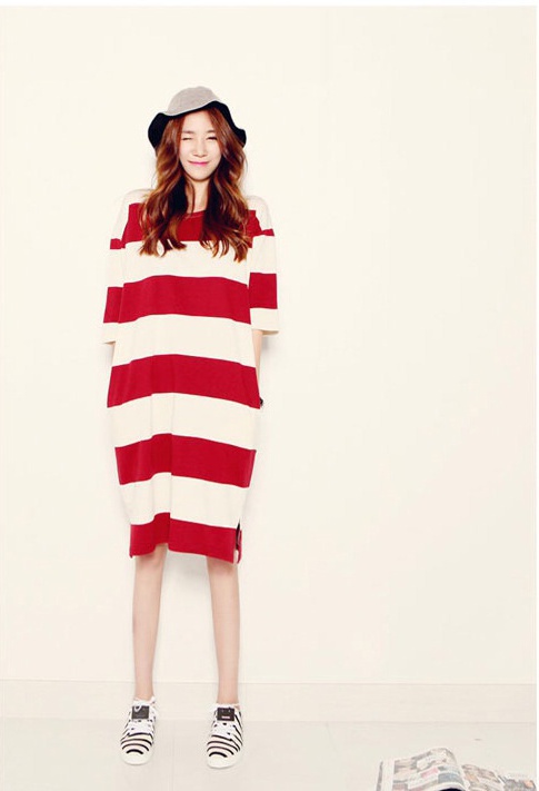ชุดคลุมท้อง ทรงยาวลายขวาง แดง ขาว ผ่าข้าง M,L,XL,XXL