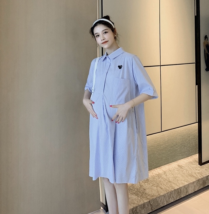 เดรสคลุมท้องแฟชั่น คอปก แขน3ส่วน กระดุมแกะให้นมได้ มีกระเป๋าหน้า เนื้อผ้าใส่สบาย M L XL XXL