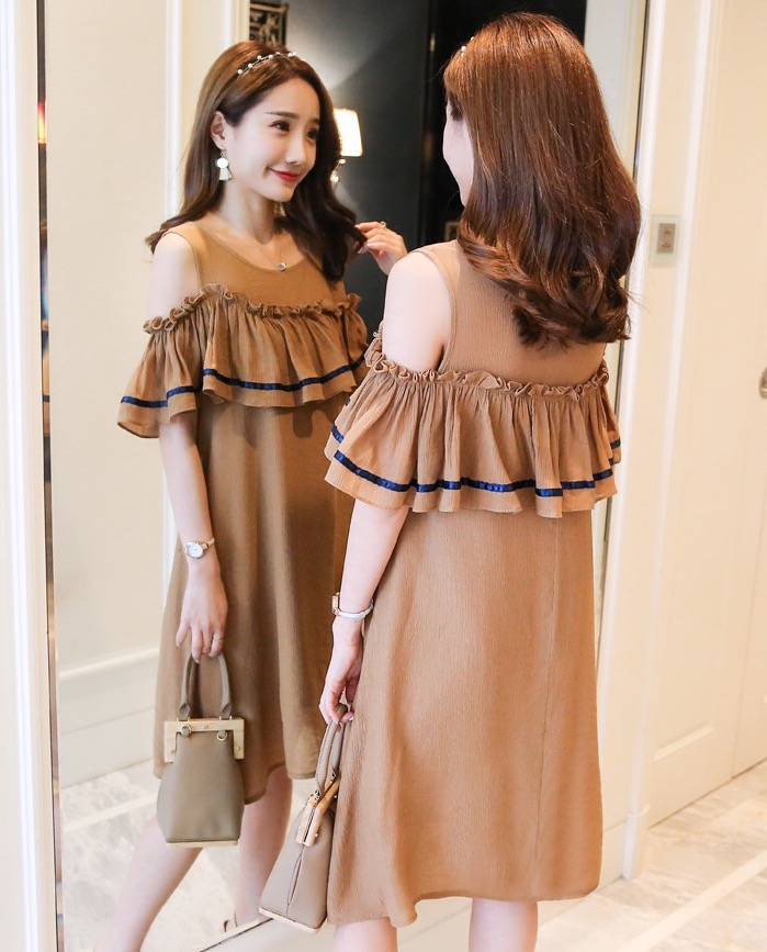 เดรสคลุมท้องแฟชั่นเปิดไหล่ ทำระบายช่วงอก รอบท้องใหญ่ใส่ได้ถึงคลอด M L XL,XXL