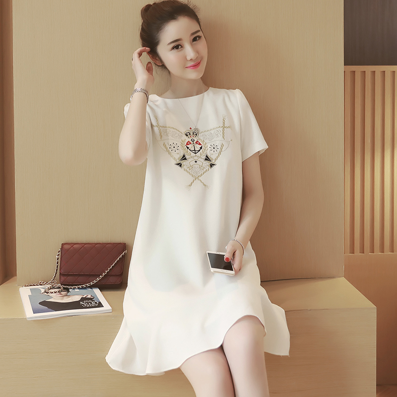 ชุดคนท้อง ผ้าชีฟอง ลายสมอเรือ ต่อระบายชายกระโปรง M,L,XL