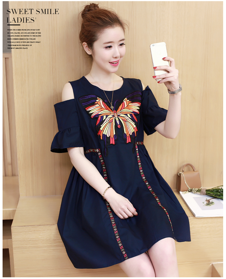 เดรสคนท้องเปิดไหล่ ผ้าฝ้ายเนื้อละเอียด ผีเสื้อใหญ่น่ารัก จัดเต็ม M,L,XL,XXL