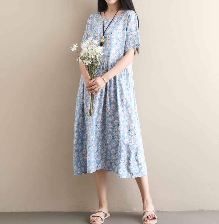 เดรสคลุมท้องแฟชั่น ผ้าลินิน ลายดอกน่ารัก ใส่สบาย มีกระเป๋าข้าง M L XL XXL