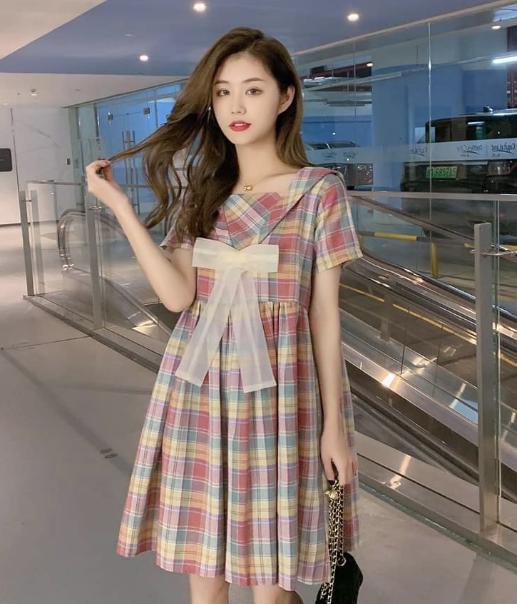 ชุดคลุมท้องเปิดให้นม แขนสั้น ลายสก๊อต มีโบว์ที่คอ ชุดนี้น่ารักมาก M L XL XXL