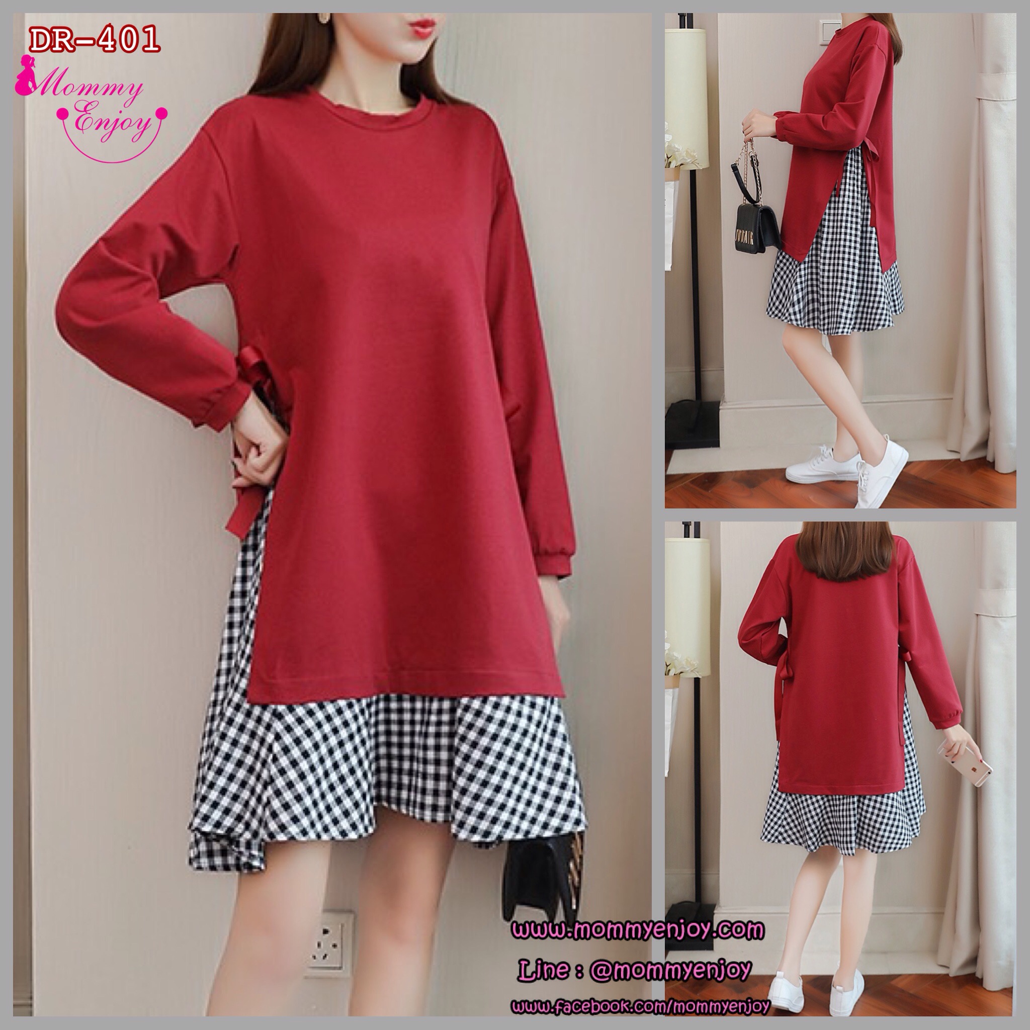 ชุดคลุมท้องแฟชั่นเทรนใหม่ แขนยาว มีโบว์ผูกด้านข้าง ใส่ได้ถึงคลอด สวยมากค่ะ M L XL XXL