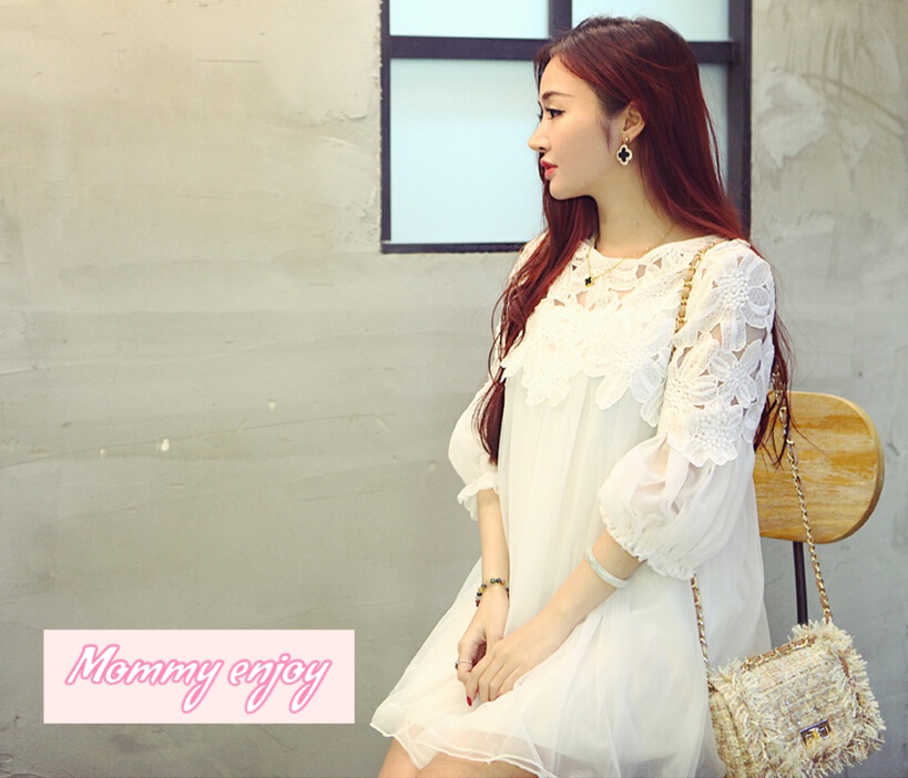 เดรสคลุมท้องแฟชั่น ลูกไม้สีขาวสวยลุคคุณหนูสุดๆ M,L,XL,XXL