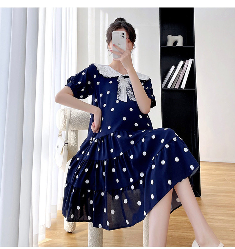 ชุดคลุมท้องแฟชั่นเกาหลี ผ้าชีฟองลายจุด คอแขนตุ๊กตา แต่งด้วยโบว์ มีซับใน ใส่ดีมาก M L XL XXL