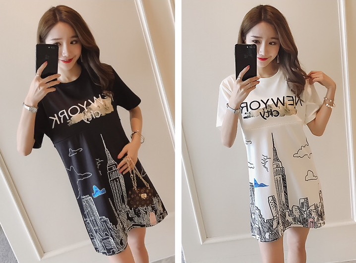 ชุดคลุมท้องเปิดให้นมแฟชั่น ลาย New York เปิดให้นมแนวนอน เปิดได้ยาว M,L,XL