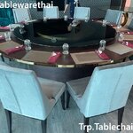 Trp. โต๊ะกลม ขอบคิ้วทอง ขนาด 280 ซม.พร้อมชุดจานหมุนอาหาร กระจกกรม 200 ซม.ฐานรองหมุนไฟฟ้าถ่านชาร์ทรีโมท 1 ชุด