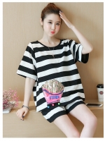 ชุดเสื้อ+กางเกงคนท้อง ลายทาง ผ้านิ่ม ประดับฟรุ้งฟริ้ง กางเกงมีสายปรับขนาดภรรภ์ M,L,XL,XXL