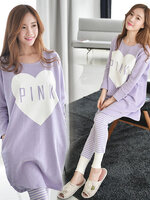 ชุดคลุมท้องเปิดให้นม แขนยาว พร้อมกางเกงลาย ขาวม่วง L , XL