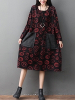 เดรสคลุมท้องสไตล์วินเทจแขนยาว ลายน่ารักชิคมาก กระเป๋าใหญ่ ใส่สบายสุดๆ M L XL,XXL สำเนา