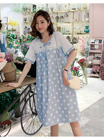 เดรสคลุมท้องแฟชั่น ช่วงบนประดับลูกไม้ ผ้าพิมพ์ลายจุด รอบท้องขยายได้เยอะ M L XL XXL