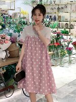 เดรสคลุมท้องแฟชั่น ช่วงบนประดับลูกไม้ ผ้าพิมพ์ลายจุด รอบท้องขยายได้เยอะ M L XL XXL