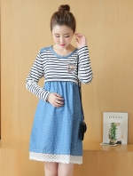 ชุดคลุมท้องเปิดให้นม แขนยาว ลายจุดชายกระโปรงต่อลูกไม้ มีเชือกผูกปรับขนาดครรภ์ M,L,XL