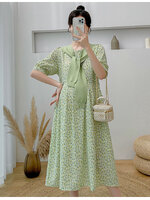 เดรสคลุมท้องแฟชั่น ผ้าชีฟอง พิมลาย ดอกไม้น่ารัก มีซับใน มีเชือกผูกปรับขนาดครรภ์ มีผ้าพันคอให้ด้วย M L XL XXL