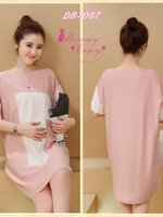 เดรสคลุมท้อง ผ้าฝ้ายชมพู ขาว M