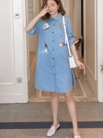 เดรสคลุมท้องแฟชั่นแขนยาว คอปก กระดุมหน้า ปักลายน่ารัก M L XL,XXL