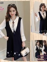 เดรสคลุมท้องแฟชั่นเกาหลี แขน4ส่วน ปลายระบาย เหมือนใส่เอี๊ยม แต่ลายปัก ใส่สวยค่ะ M L XL XXL