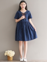 เดรสคลุมท้องแฟชั่นแขนสั้น ลายจุด มีโบว์ประดับเพิ่มความน่ารัก M L XL,XXL