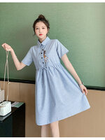 เดรสคลุมท้องแฟชั่นคอปกแขนสั้น ผ้าฝ้ายเหมียวน้อยน่ารัก ผ้าลายสวย มีเชือกปรับขนาดครรภ์ได้ กระดุมเปิดให้นมก็ได้ M L XL XXL