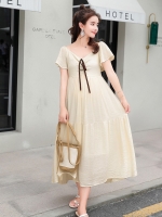 เดรสคลุมท้องแฟชั่นยาว คอวีด้านหลังเป็นสม๊อค ผูกช่วงอก แขนระบาย น่ารักมาก M L XL,XXL