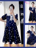 ชุดคลุมท้องแฟชั่นเกาหลี ผ้าชีฟองลายจุด คอแขนตุ๊กตา แต่งด้วยโบว์ มีซับใน ใส่ดีมาก M L XL XXL