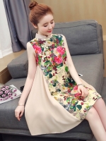 ชุดคลุมท้องคอจีน ผ้าฝ้ายพิมพ์ลายดอกไม้สวยงาม ด้านข้างผ้าพริ้วสวย M L XL XXL