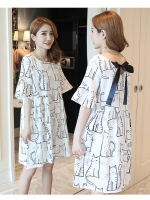 เดรสคลุมท้องแฟชั่นสไตล์เกาหลี ผ้าcotton ลายแมว แขนระบาย ผูกโบว์น่ารักมาก M L XL,XXL