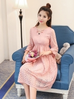 ชุดคลุมท้องเกาหลี ผ้าฉลุลายสวยมาก ประดับลูกไม้ แขน4 ส่วน ซับในทั้งชุด M,L,XL,XXL