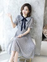 เดรสคลุมท้องแฟชั่น ผ้าชีฟอง ปลายแขนระบาย ผูกโบว์ที่คอ ช่วงกระโปรงเป็นพรีท สวยมากค่ะ M L XL XXL