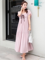 เดรสคลุมท้องแฟชั่นยาว คอวีด้านหลังเป็นสม๊อค ผูกช่วงอก แขนระบาย น่ารักมาก M L XL,XXL