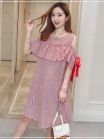 เดรสคลุมท้องแฟชั่นเปิดไหล่ มีเชือกผูกที่แขน รอบท้องใหญ่ใส่ได้ถึงคลอด มีเชือกผูก M L XL,XXL